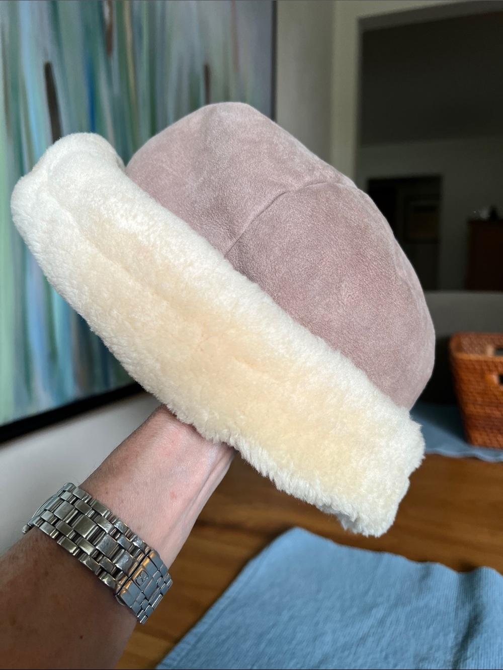 Bloomingdale's Shearling-Lined Taupe and Cream Hat